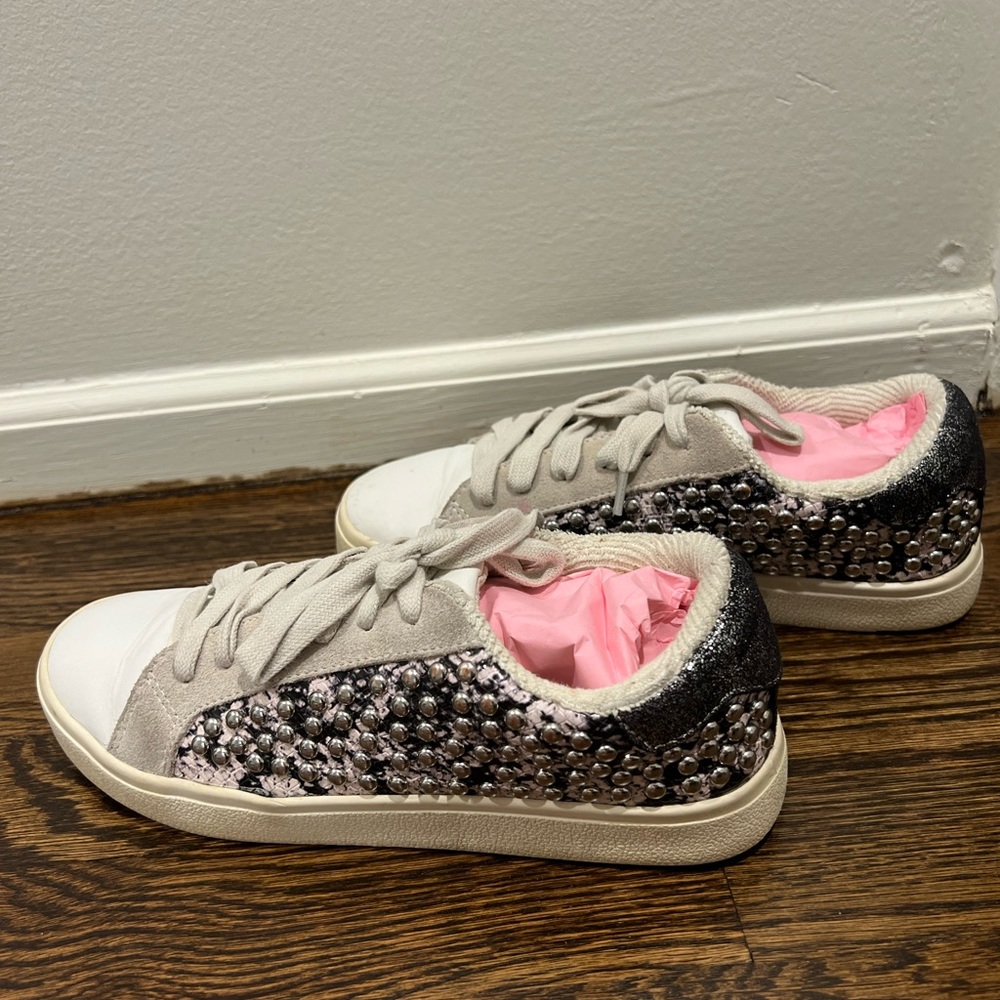Aqua white and grey snakeskin studded sneakers